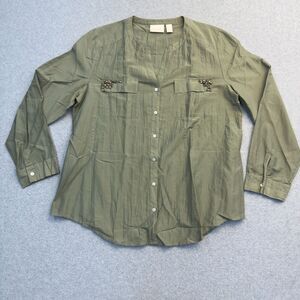 Chicos Shirt Women's 1 US M Green Silk Blend Button Front Jeweled Light Mature